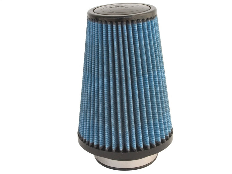aFe MagnumFLOW Air Filter featuring a conical design with blue pleated filter media, dimensions 3-1/2F x 6B x 4T x 8H.