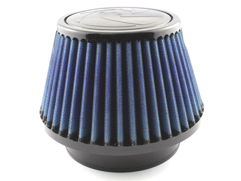aFe MagnumFLOW Air Filter featuring a conical design with blue pleated fabric for enhanced airflow and engine performance.