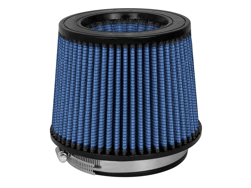 aFe MagnumFLOW Air Filter with a blue mesh design, featuring a cylindrical shape and a metal clamp for secure installation.