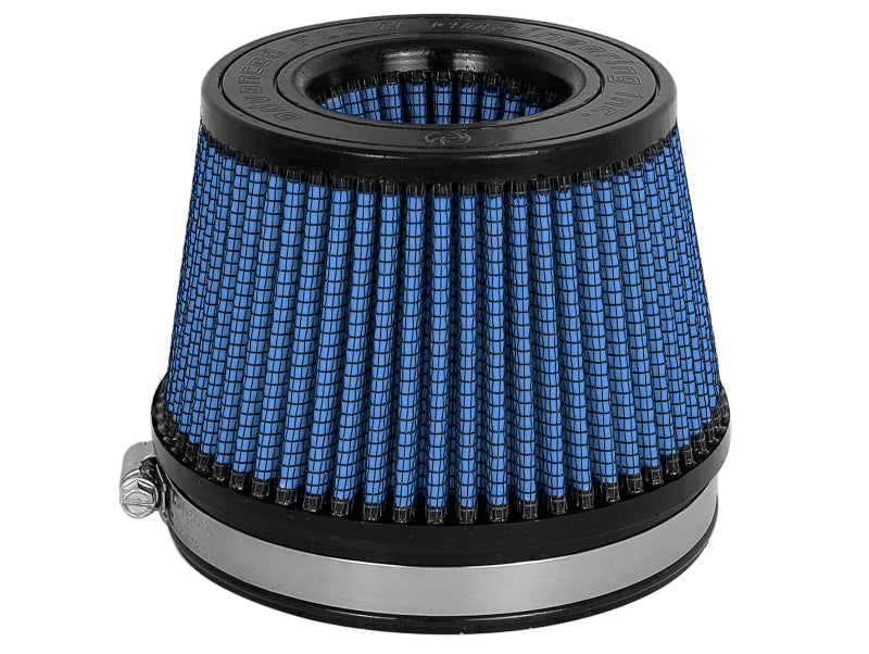 aFe MagnumFLOW Pro 5R universal air filter with blue mesh and black base, dimensions 5in.F x 5-3/4in.B x 4-1/2in.T x 3-1/2in.H.