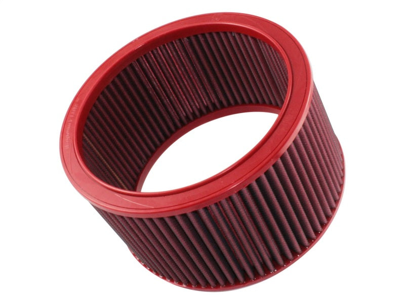 aFe MagnumFLOW Round Racing Air Filter with red exterior, designed for high-performance applications, measuring 9 OD x 7.50 ID x 5 H.