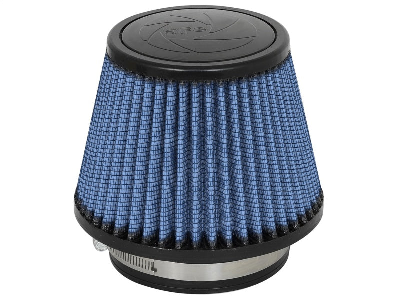 aFe MagnumFLOW Air Filter with a conical design, featuring a blue mesh exterior and metal base for enhanced airflow.