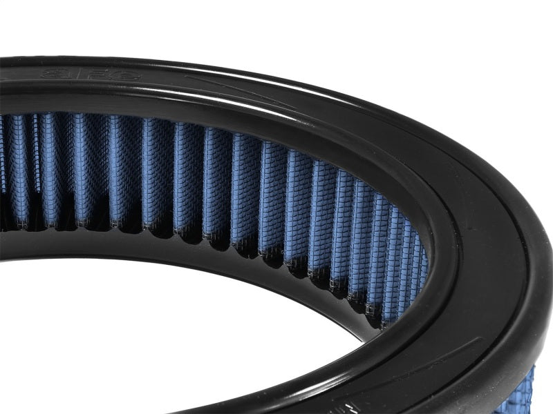 aFe MagnumFLOW Air Filter featuring a blue filter media with a black rubber frame, designed for enhanced airflow and performance.