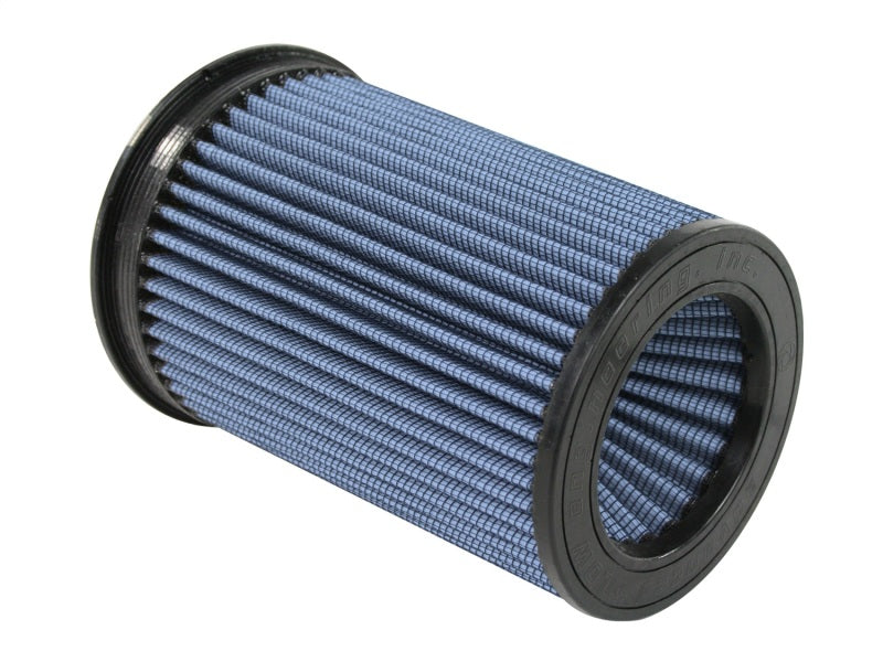 aFe MagnumFLOW Air Filter featuring a cylindrical design with a blue filter media and black rubber ends for enhanced airflow.