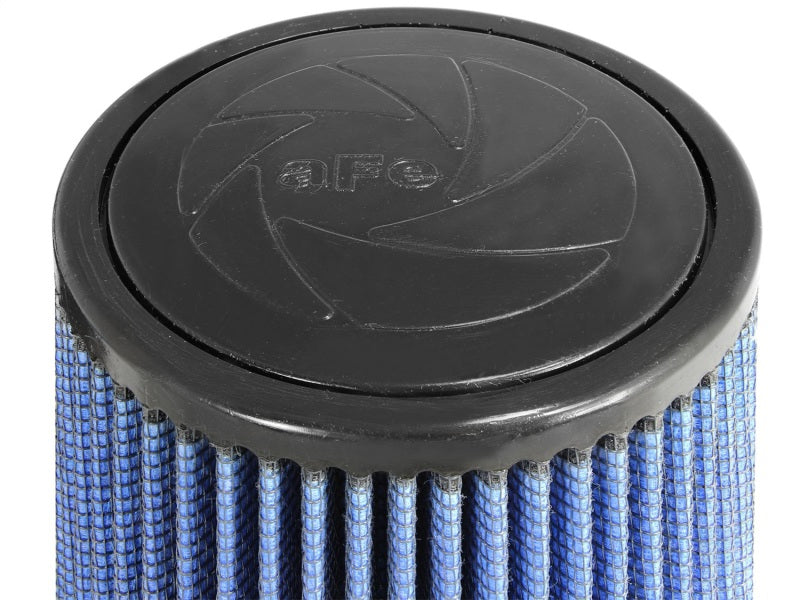 aFe MagnumFLOW Air Filter featuring a cylindrical design with a black top and blue filter media for enhanced airflow.
