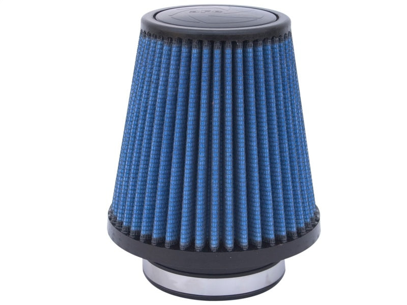 aFe MagnumFLOW air filter with a blue pleated design, featuring a cylindrical shape for enhanced airflow and performance.