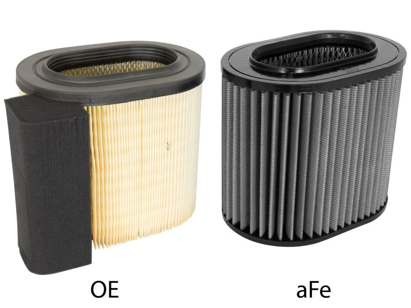 aFe MagnumFLOW Air Filters comparison for 2017 Ford Diesel Trucks 6.7L V8, showcasing OE and aFe designs side by side.