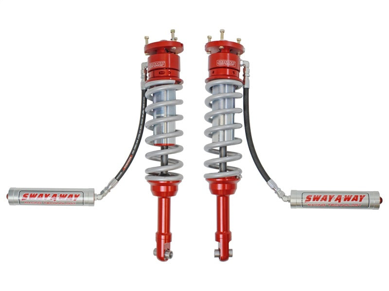 aFe Sway-A-Way 3.0in Front Coilover Kit for 2017 Ford F-150 Raptor featuring remote reservoirs for enhanced suspension performance.