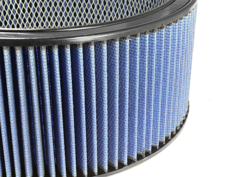 aFe MagnumFLOW Air Filter featuring a blue pleated design with a 14-inch outer diameter and 12-inch inner diameter for enhanced airflow.