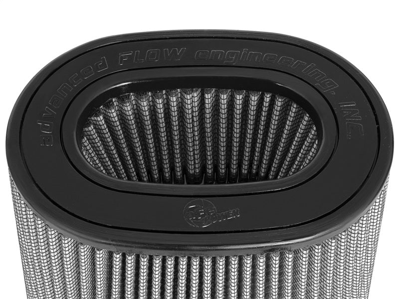 aFe MagnumFLOW Pro DRY S OE replacement air filter featuring a dual design with a textured surface and oval shape for optimal airflow.