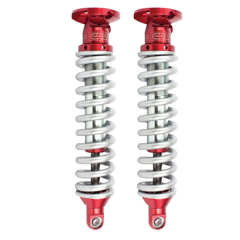 aFe Sway-A-Way 2.0in Front Coil Over Kit for 96-04 Toyota Tacoma featuring red anodized caps and silver coil springs.