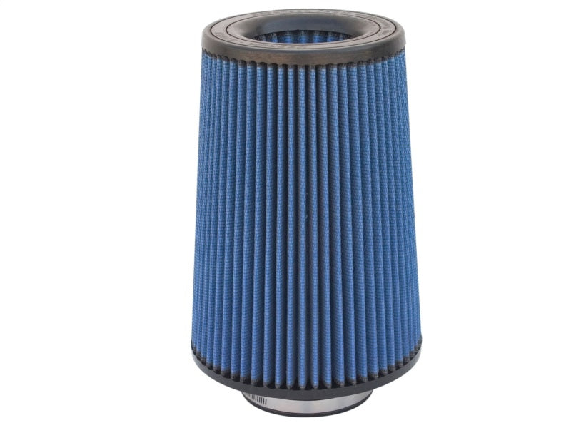 aFe MagnumFLOW Air Filter with a conical design, featuring a blue pleated filter media for enhanced airflow and filtration.