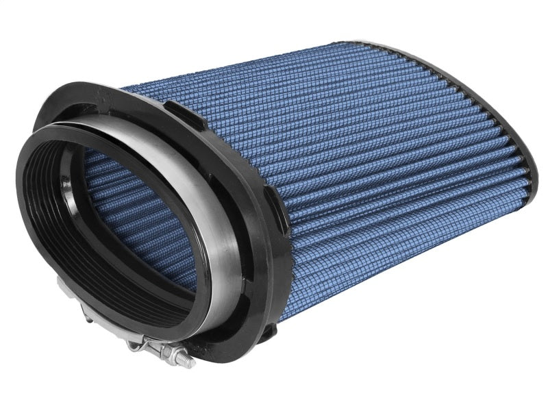 aFe MagnumFLOW Pro 5R universal air filter with a blue mesh design, featuring various dimensions for enhanced airflow.