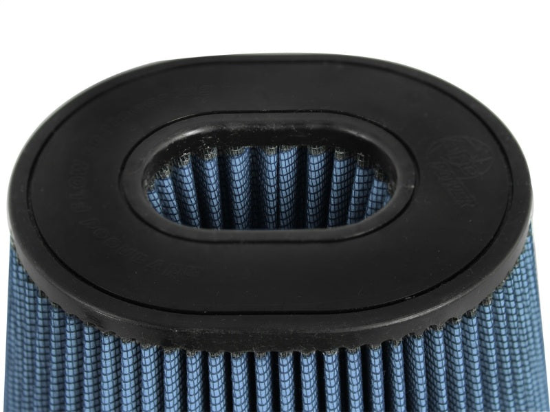 aFe MagnumFLOW air filter featuring a cylindrical design with a blue filter media and a black rubber top for secure installation.