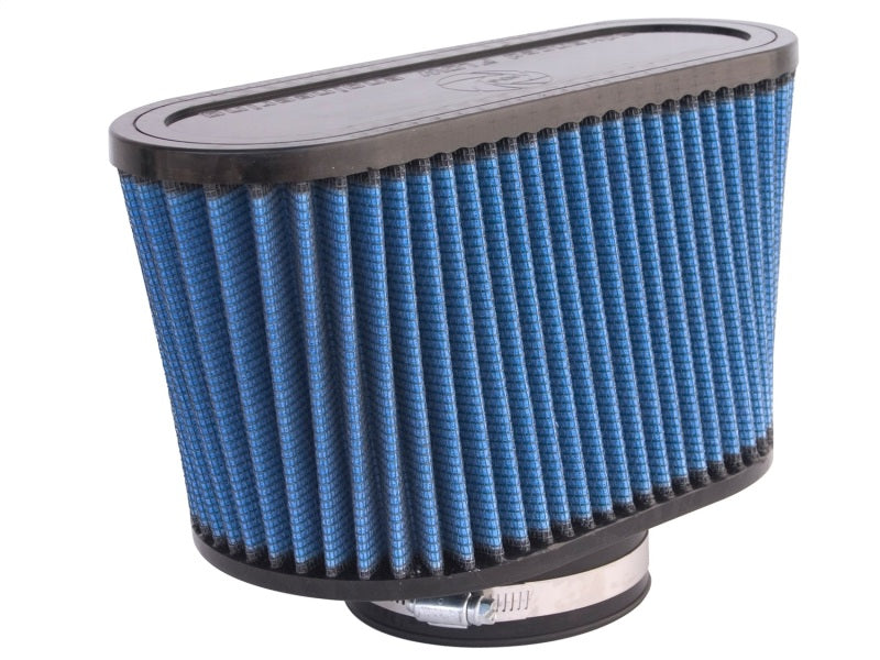 aFe MagnumFLOW Air Filter with a blue pleated design, optimized for improved airflow and engine performance.