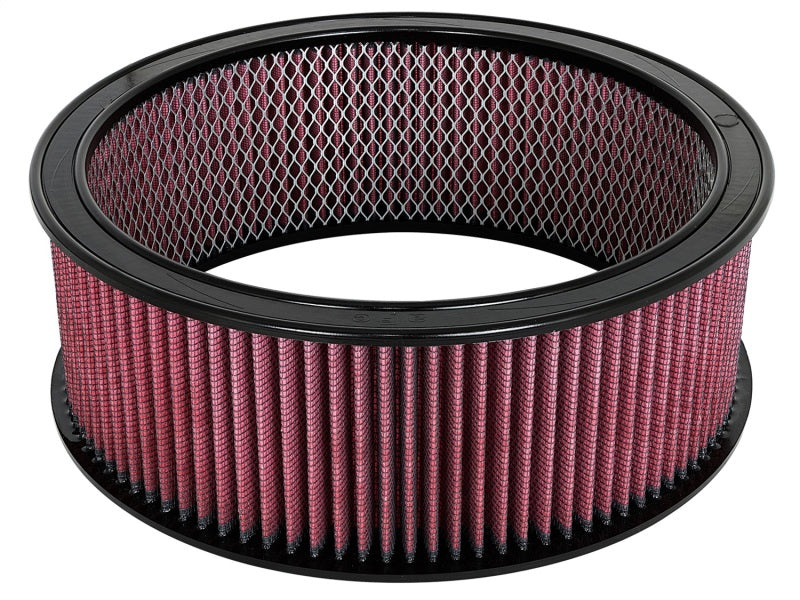 aFe MagnumFLOW round racing air filter with black and red design, measuring 14OD x 12ID x 5H, enhances engine performance.