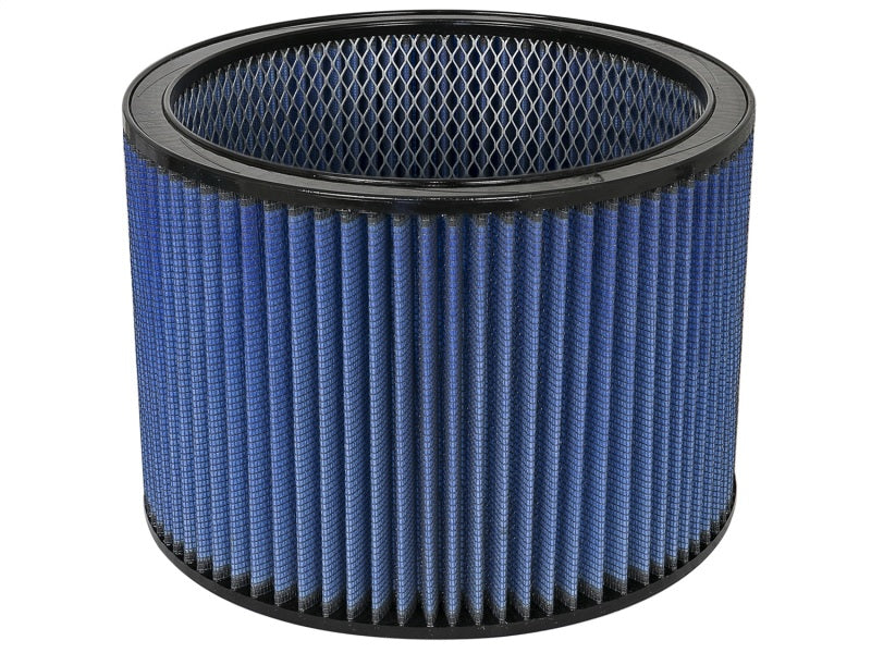 aFe MagnumFLOW round racing air filter with blue pleated media, measuring 11 inches OD, 9.25 inches ID, and 8 inches high.