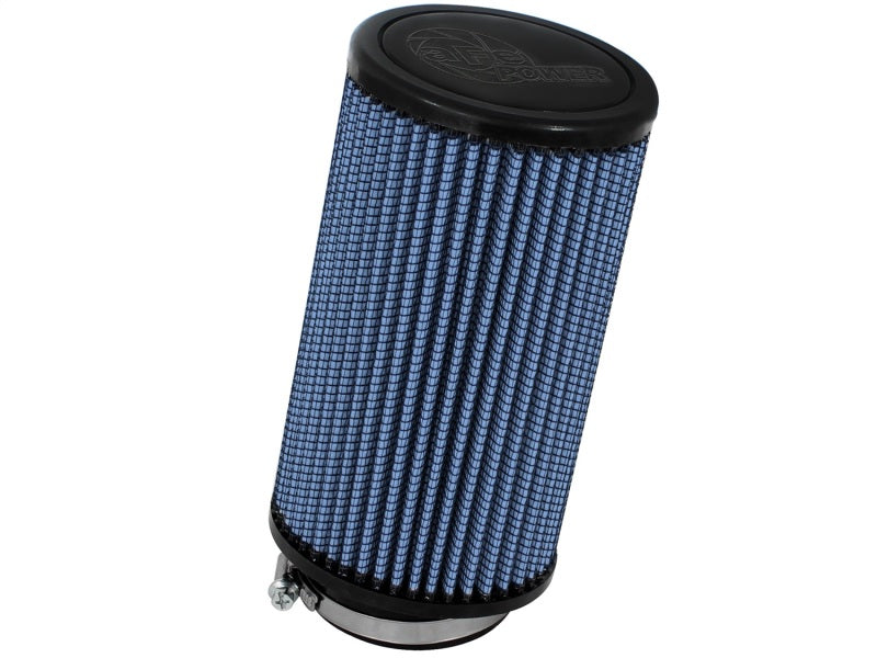 aFe Magnum FLOW UCO Air Filter Pro 5R with a 10-degree angle, featuring a blue mesh design and cylindrical shape.