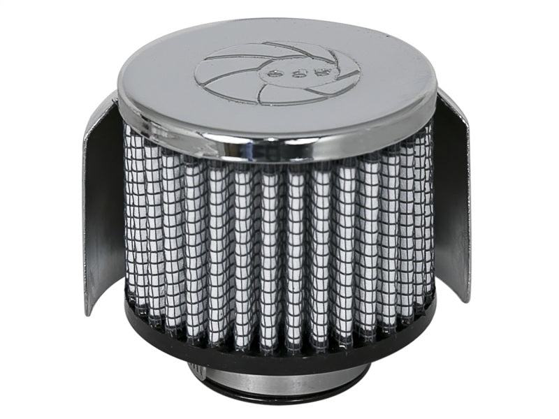 aFe MagnumFLOW Air Filter featuring a chrome finish and a cylindrical design for enhanced airflow and performance.