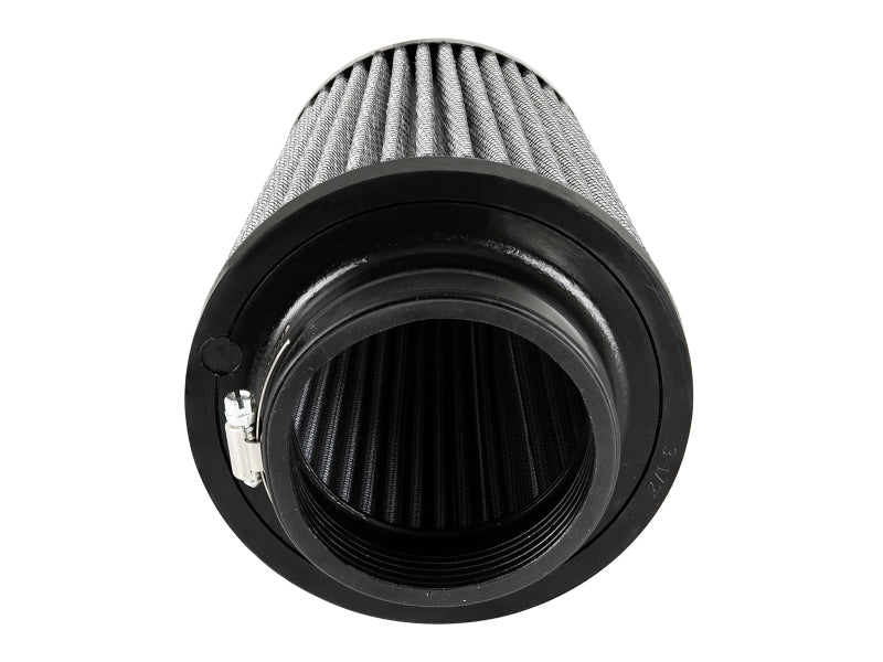 aFe MagnumFLOW Pro Dry S Air Filter featuring a cylindrical design with a black rubber base and a pleated filter element.