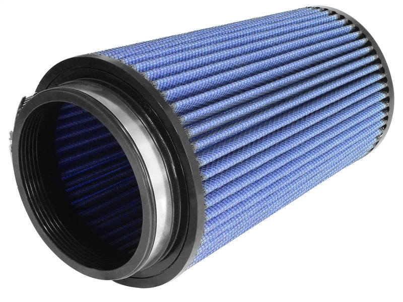 aFe MagnumFLOW Air Filter featuring a blue pleated design, optimized for improved airflow and engine performance.