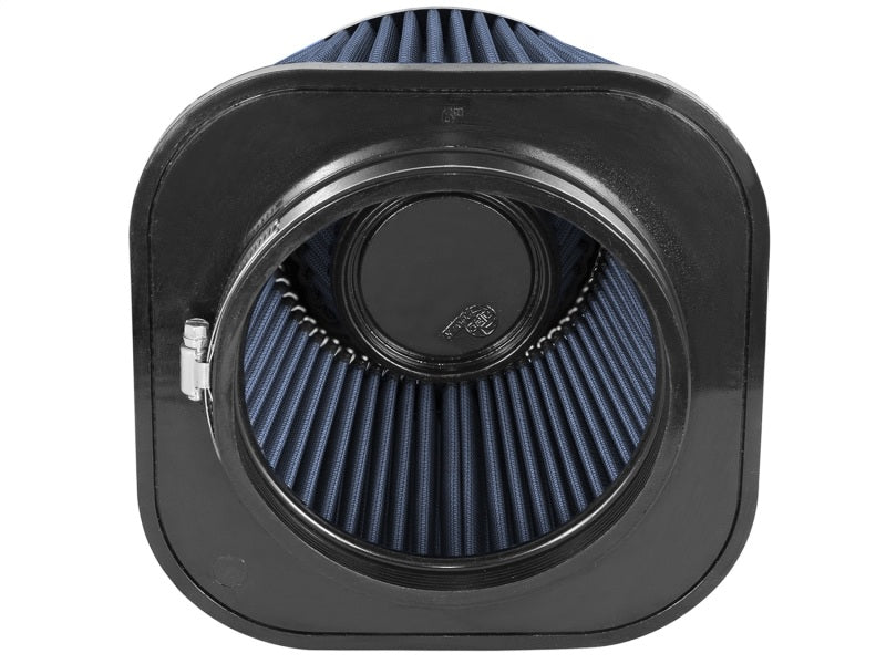 aFe Track Series replacement air filter featuring a Pro 5R design with a square shape and blue filter media for enhanced airflow.