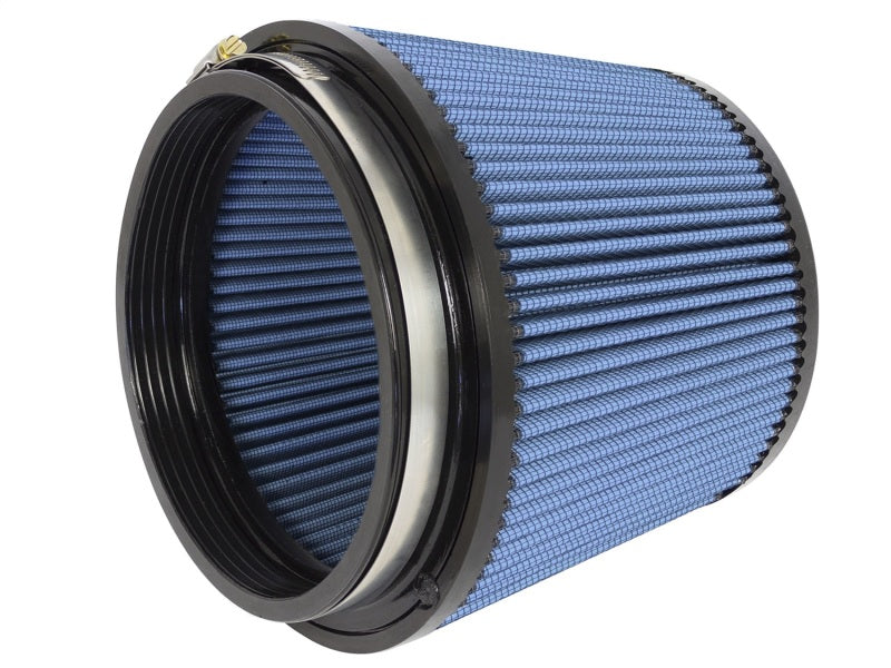 aFe MagnumFLOW Air Filter featuring a blue pleated design, designed for improved airflow and engine performance.