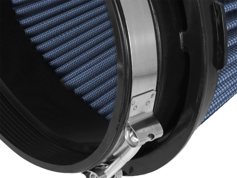 aFe MagnumFLOW Pro 5R universal air filter showcasing a blue filter element and metal clamp for secure installation.