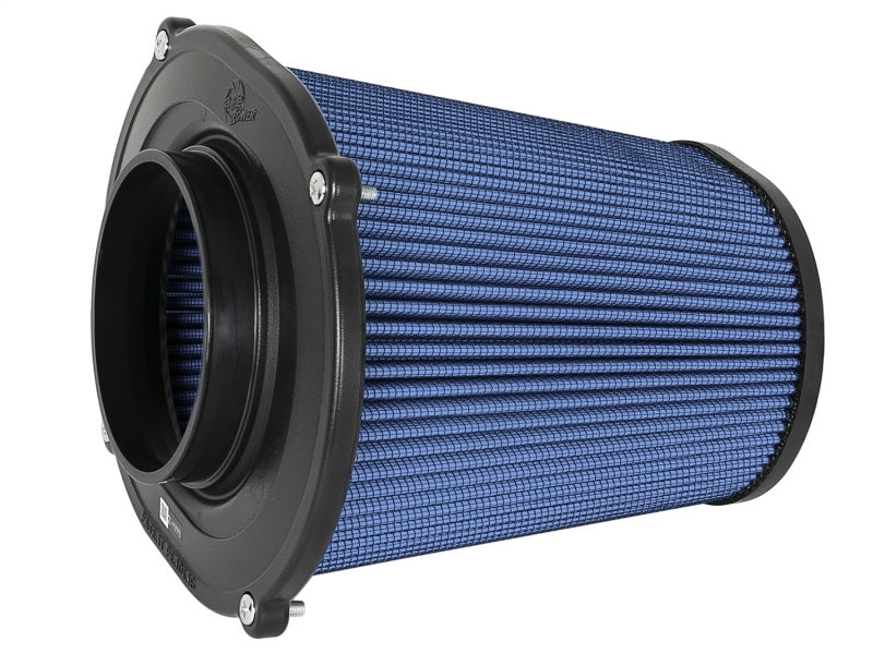 aFe Quantum Pro-5 R air filter with inverted top, 5-inch flange, 9-inch height, featuring a blue oiled filter media.