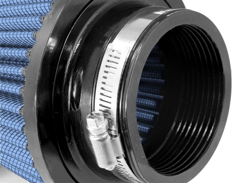 aFe MagnumFLOW Air Filter featuring a blue filter element and a black mounting flange with a hose clamp for secure installation.