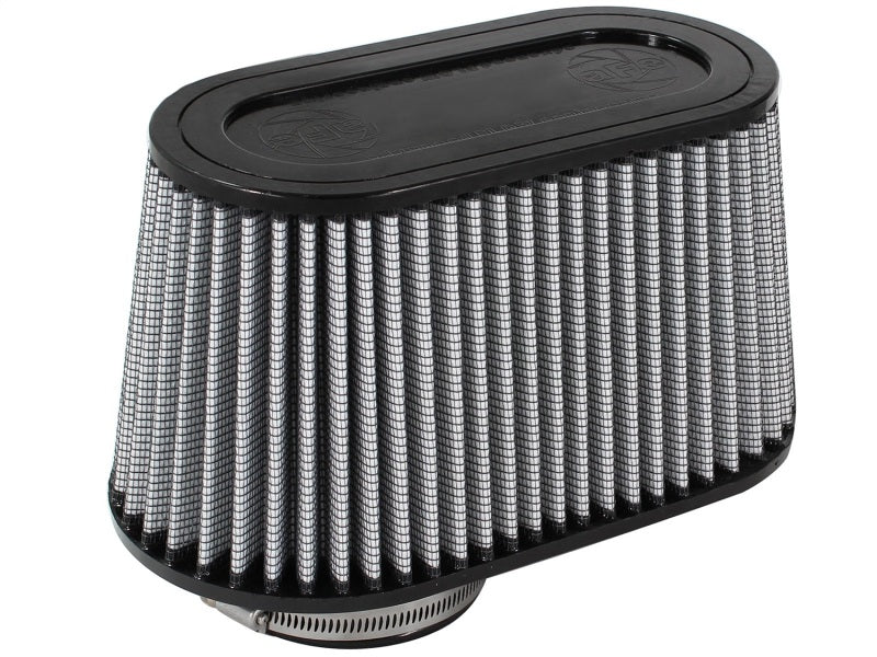 aFe MagnumFLOW Air Filter featuring an oval design with a black frame and pleated mesh for enhanced airflow and filtration.