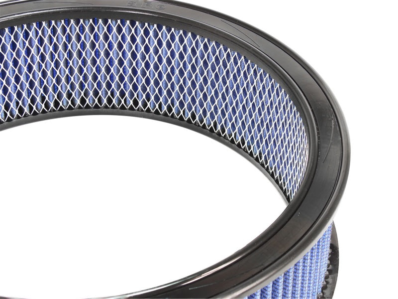 aFe MagnumFLOW Round Racing Air Filter featuring a blue mesh design, designed for high-performance airflow and filtration.