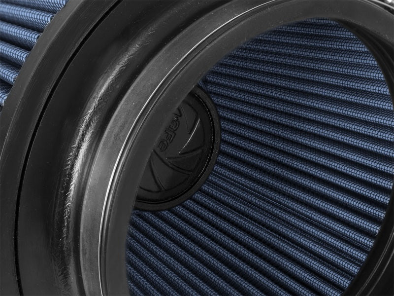 aFe MagnumFLOW Air Filter featuring a blue pleated design and black rubber frame, enhancing airflow for improved engine performance.