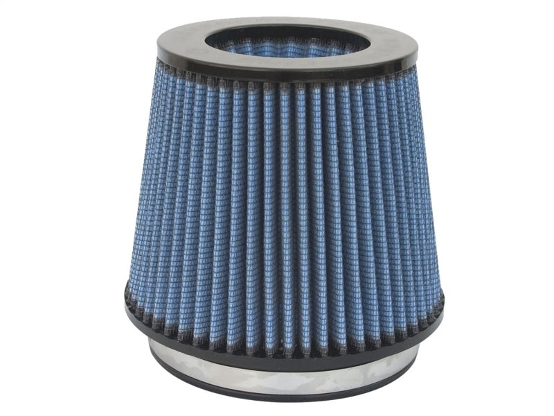 aFe MagnumFLOW Air Filter with a conical design, featuring a blue filter media and a metal base for enhanced airflow.