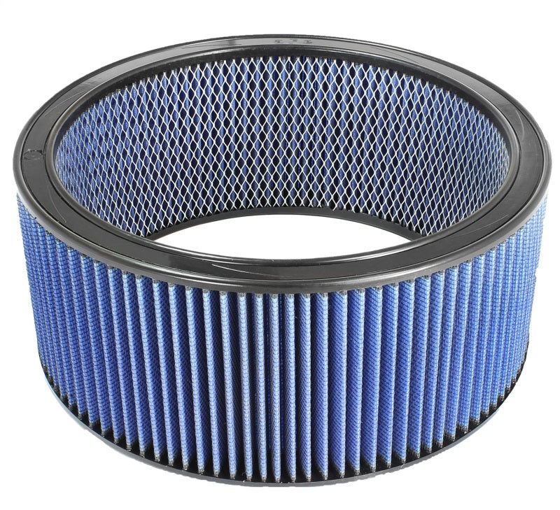 aFe MagnumFLOW Air Filter with a blue pleated design, featuring a 14-inch outer diameter and 12-inch inner diameter.