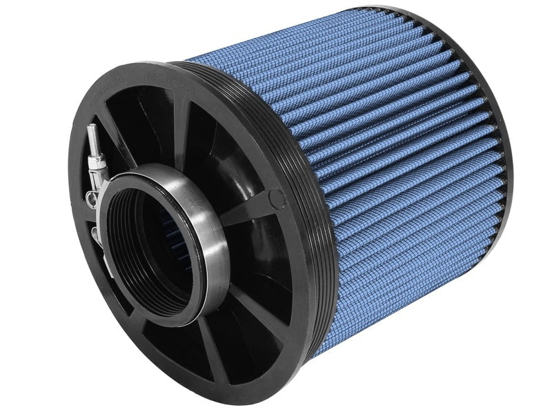 aFe MagnumFLOW Pro 5R universal air filter with a blue mesh design, featuring inverted ends for enhanced airflow and performance.