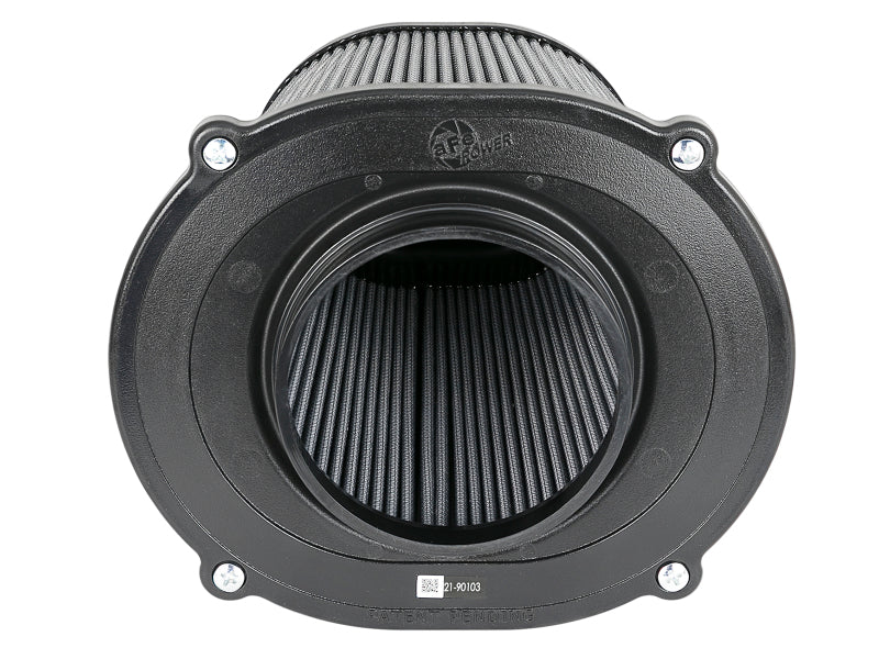 aFe Quantum Intake Pro DRY S Universal Air Filter featuring a cylindrical design with a black exterior and pleated filter media.
