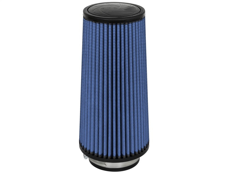 aFe MagnumFLOW Air Filter with a blue pleated design, measuring 4 inches wide by 12 inches tall, for enhanced engine performance.