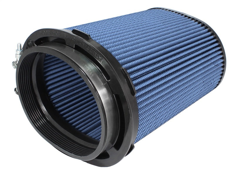 aFe MagnumFLOW Pro 5 R air filter with blue pleated media and black rubber end caps, designed for enhanced airflow and filtration.