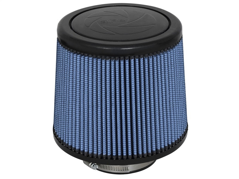 aFe MagnumFLOW Air Filter with a blue mesh design, featuring a cylindrical shape and a sturdy black top. Ideal for improved engine performance.