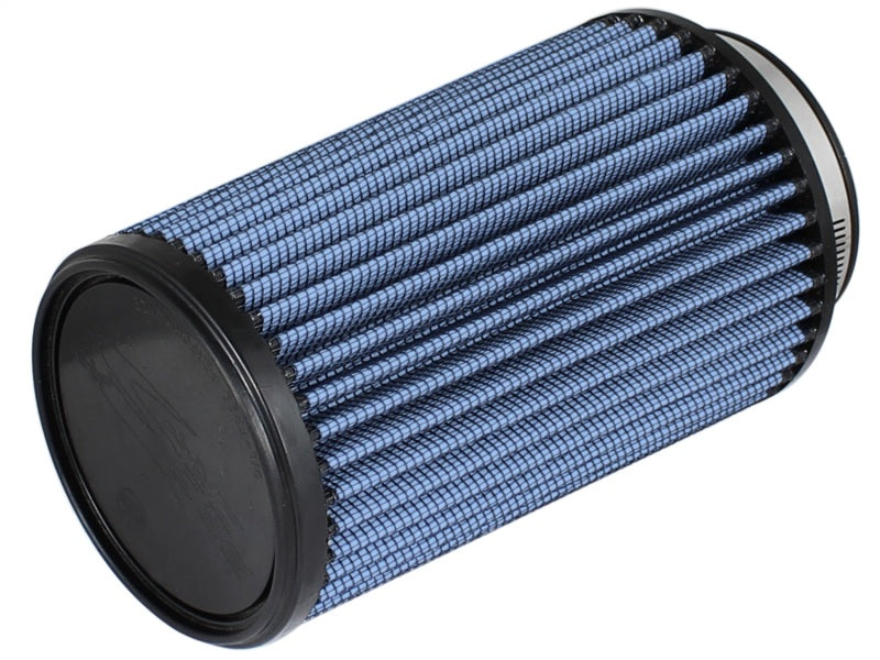 aFe MagnumFLOW Pro 5R intake air filter with blue pleated design, dimensions 3.5 inches front, 5 inches back, 4.75 inches top, 7 inches height.