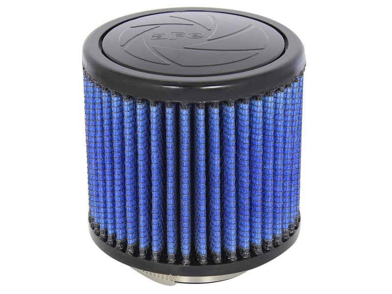 aFe MagnumFLOW Air Filter featuring a cylindrical design with a blue filter media, optimized for enhanced airflow and performance.