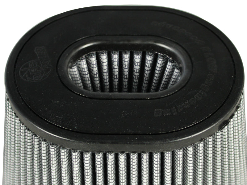 aFe MagnumFLOW Pro Dry S Air Filter featuring a cylindrical design with a black top and pleated gray filter media for optimal airflow.