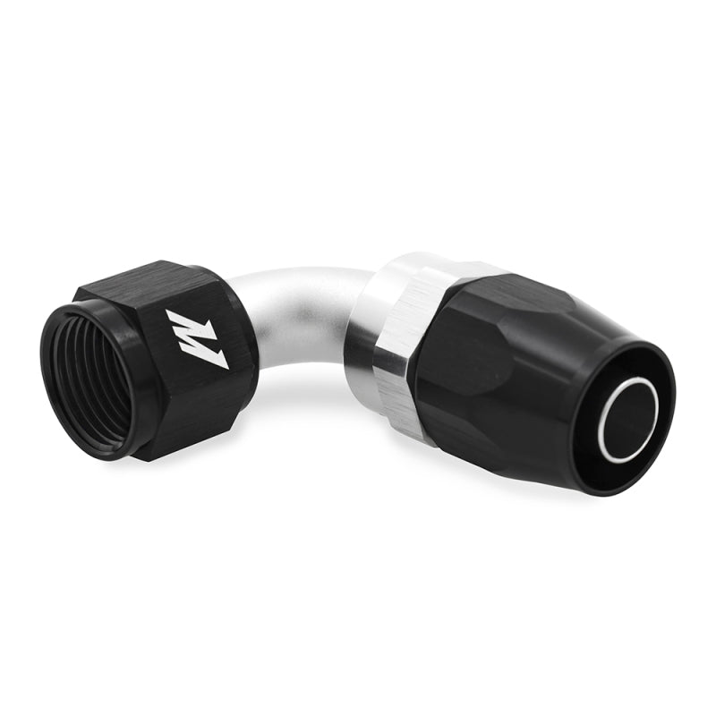 Black aluminum -6AN 90 degree fitting designed for secure fluid connections in automotive applications.