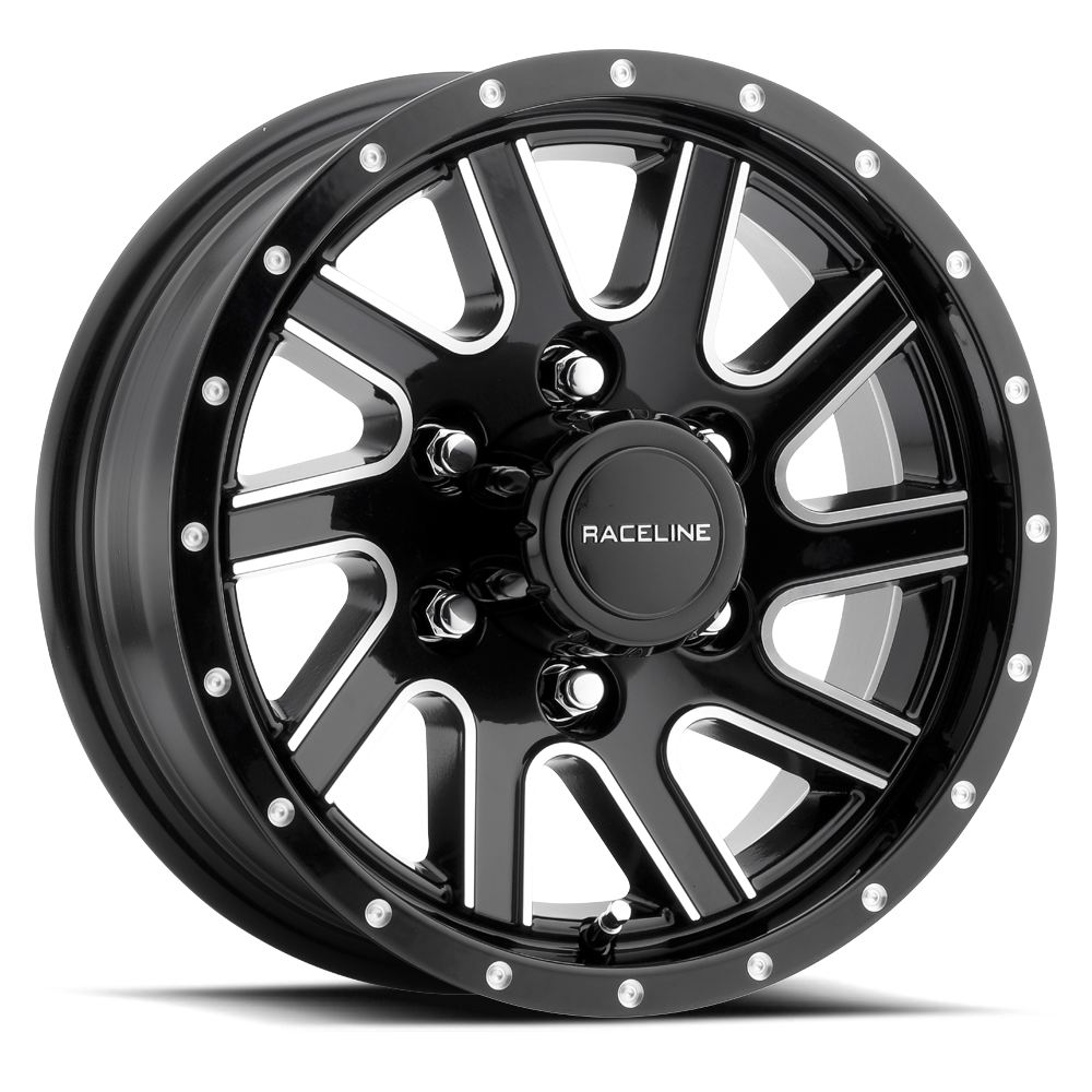 Black Raceline 820M Twisted wheel featuring a multi-spoke design and polished accents, ideal for offroad vehicles.