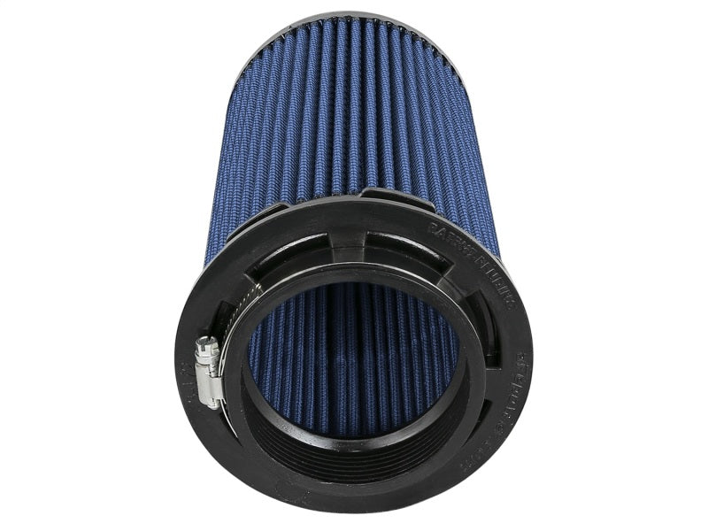 aFe Magnum FLOW Pro 5R universal clamp-on air filter with blue filter media and black rubber base, dimensions 3.5 x 5 x 4.75 x 9 inches.