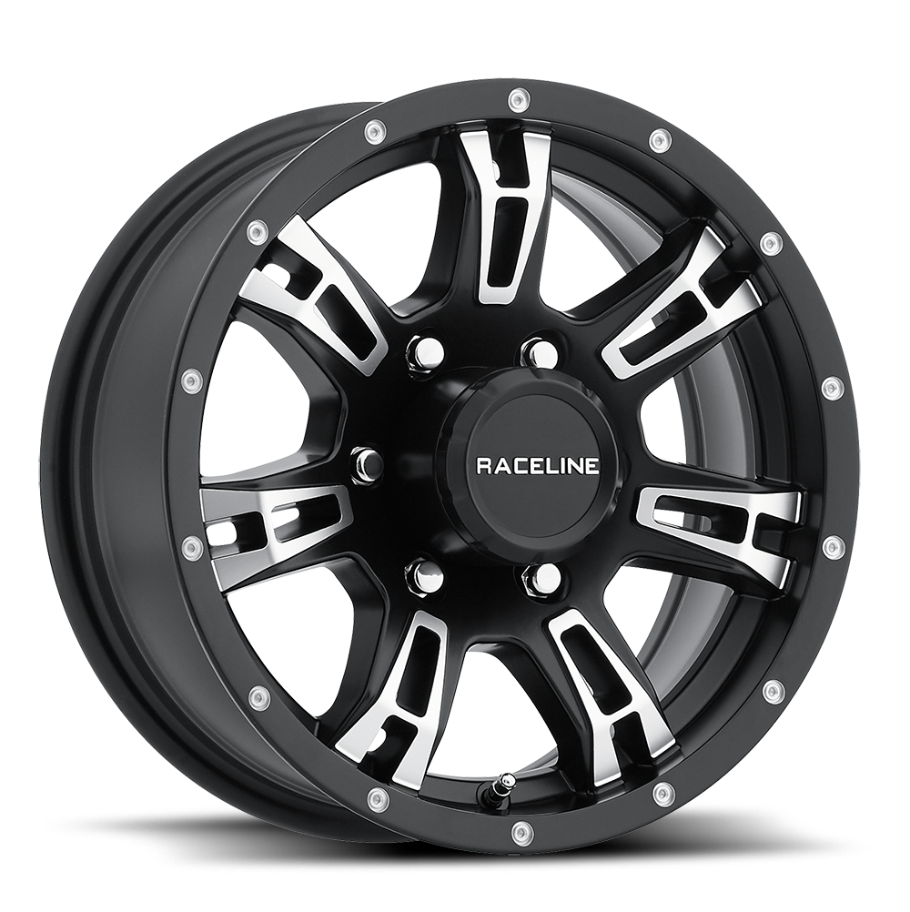 Black and chrome 840 Arsenal wheel by Raceline, featuring a bold design with multiple spokes and a sleek finish.