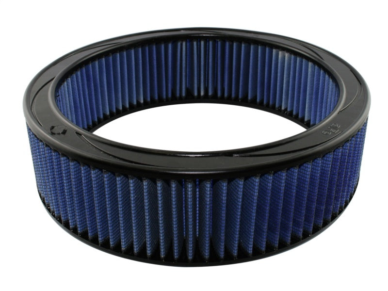 aFe MagnumFLOW Air Filter for GM cars and trucks from 1980 to 1995, featuring a blue filter media for enhanced airflow.