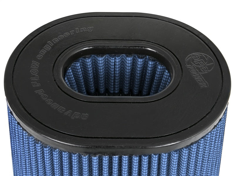 aFe Magnum FLOW Pro 5R replacement air filter featuring a blue mesh design and a black rubber base for enhanced airflow.