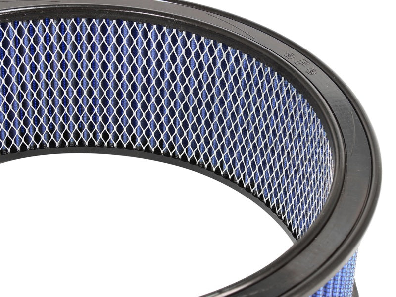 aFe MagnumFLOW round racing air filter featuring a blue mesh design, measuring 14 inches outer diameter and 12 inches inner diameter.